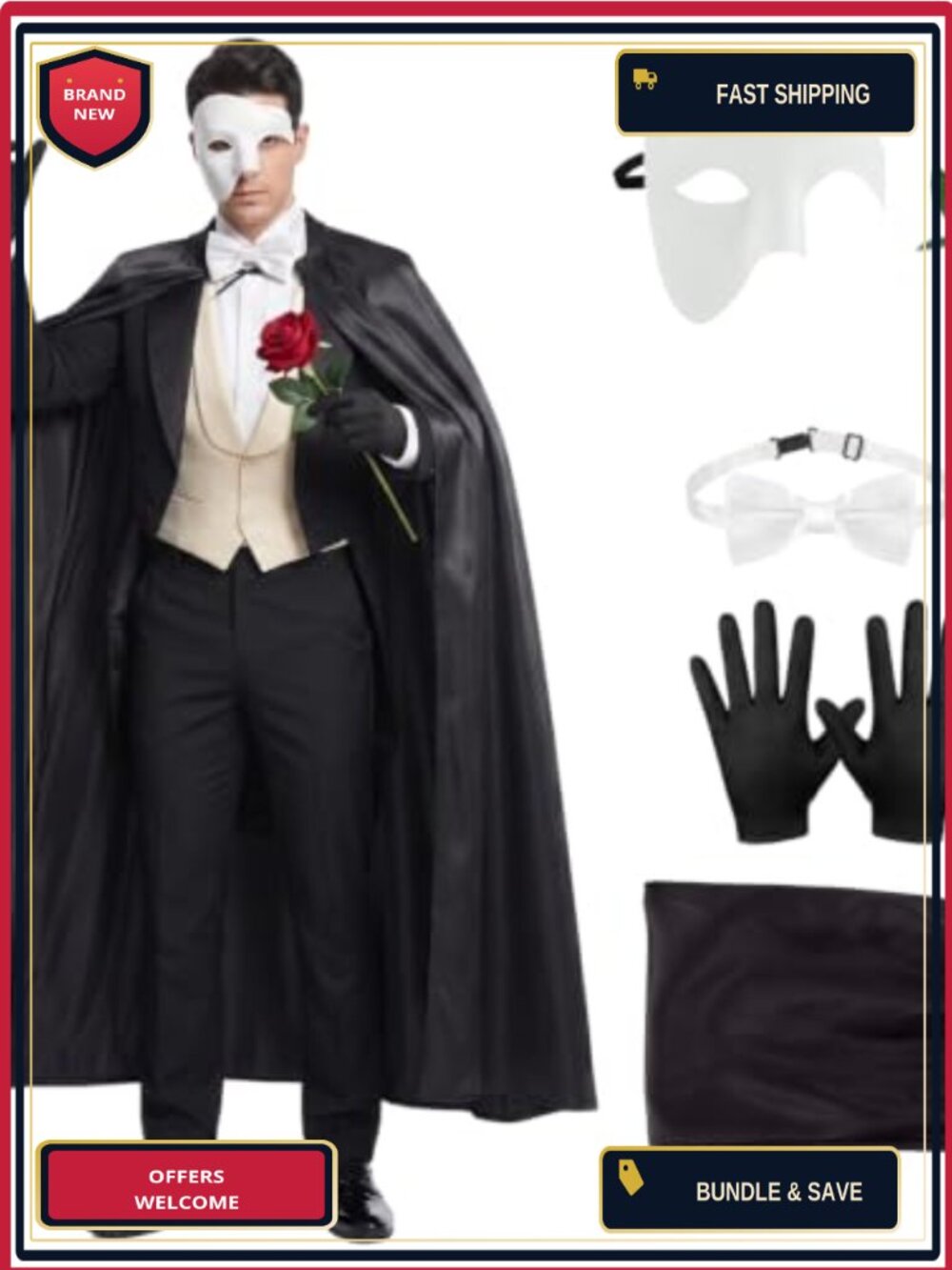 5-Piece Phantom of the Opera Costume Accessory Kit Cape Mask Gloves